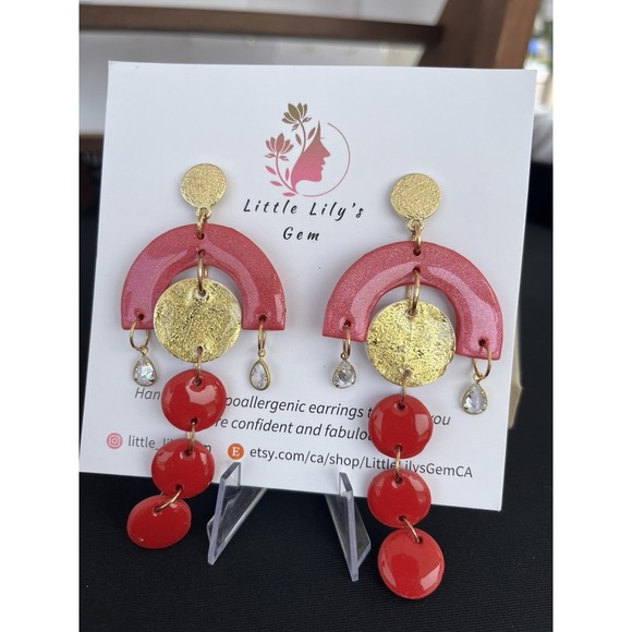 Handmade  Red And gold  Polymer Clay   Dangle Earrings - Picture 1 of 9